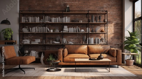 Cozy Living Room with Brown Reclining Sofa and Bookshelves