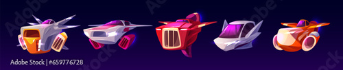 Game spaceships set isolated on black background. Vector cartoon illustration of futuristic spacecraft flying in sky, shuttles for space exploration mission, cosmic adventure gui design elements