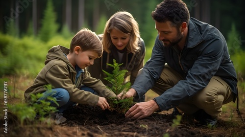 A diverse family honors a loved one's memory by jointly planting a tree in a serene forest, symbolizing life, love, and legacy. Generative AI © PSCL RDL