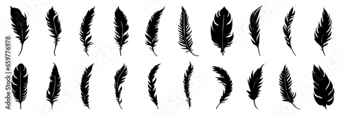 set of silhouette feathers. black feather isolated on white