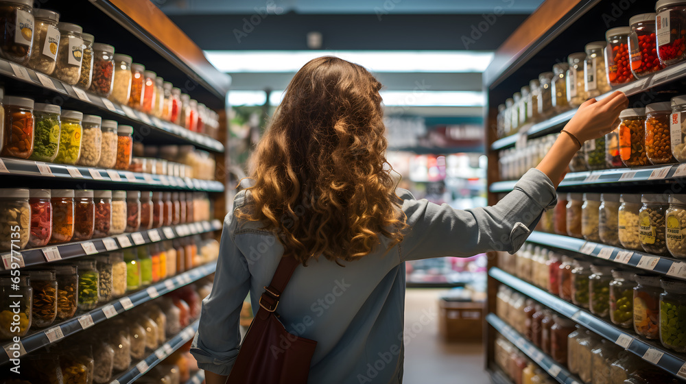 A woman comparing products in a grocery store, considering nutrition, prices, and ingredients, demonstrating informed consumer behavior. Generative AI A woman comparing products in a grocery store, considering nutrition, prices, and ingredients, demonstrating informed consumer behavior. Generative AI