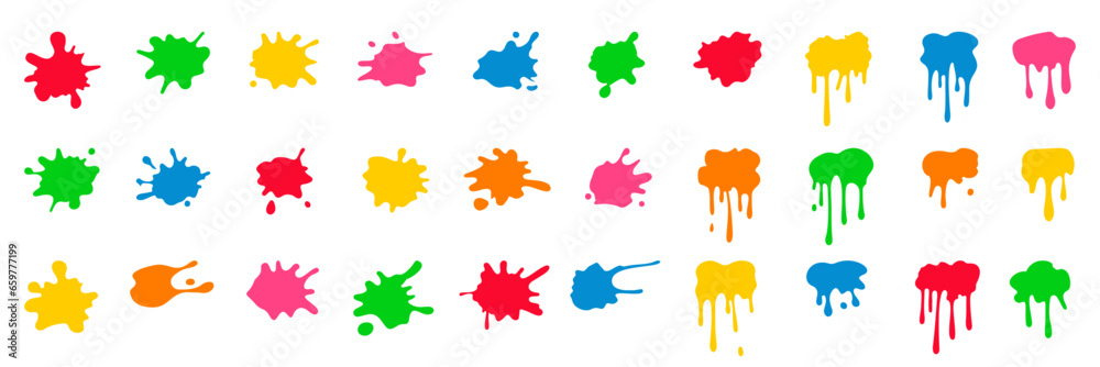 minimal color Ink drops and splashes. Blotter spots, liquid paint drip drop splash and ink splatter. - obrazy, fototapety, plakaty 