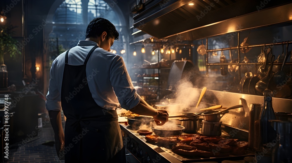 Busy kitchen with cook making food and wearing gloves for safety. Delicious food in the making. Generative AI. Busy kitchen with cook making food and wearing gloves for safety. Delicious food in the making. Generative AI.