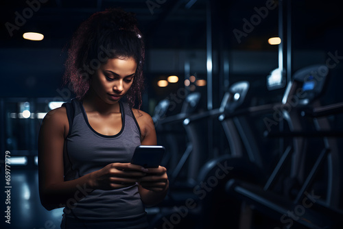 Athletic black young woman using her smartphone in gym, portrait of fitness woman at gym