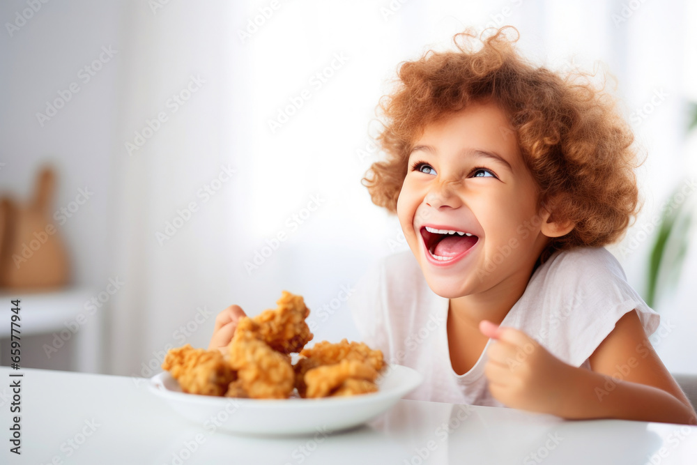 Joyful Kid Enjoying Homemade Fried Chicken Joyful Kid Enjoying Homemade Fried Chicken