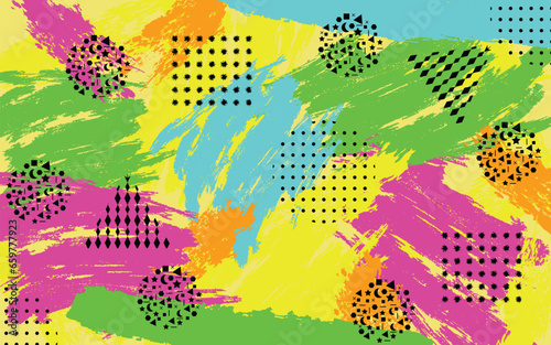 Colorful pattern of triangles, circles and squares on bright colored brush strokes background. 80s - 90s design