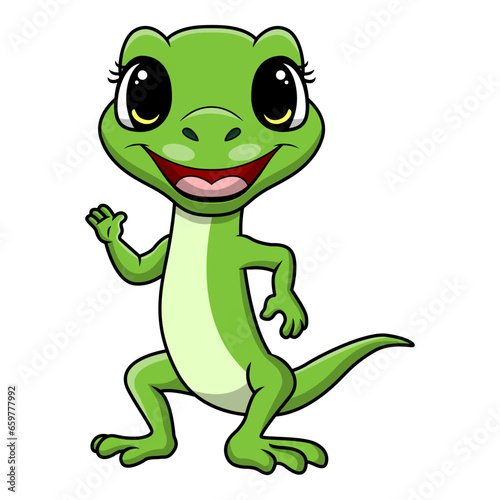 Cute green lizard cartoon on white background