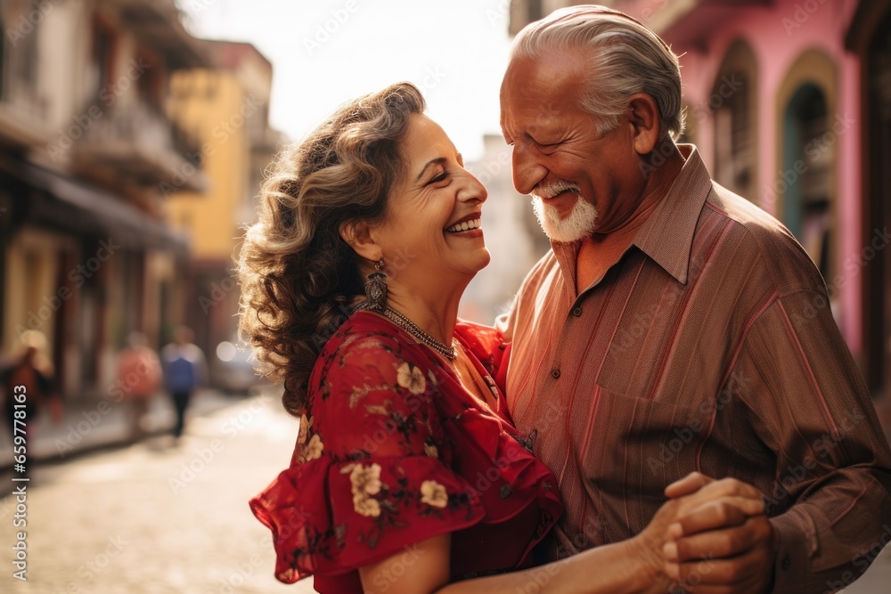 An elderly Hispanic couple enjoying outdoors, their love palpable. Reflecting a Latin American immigrant's fulfilling retirement. Couple embracing each other in the streets.