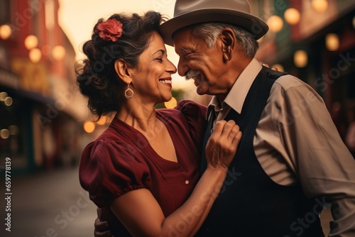 An elderly Hispanic couple enjoying outdoors, their love palpable. Reflecting a Latin American immigrant's fulfilling retirement. Couple embracing each other in the streets.