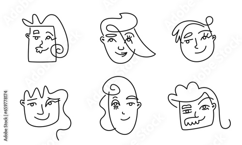Set of creative doodle portraits. Abstract illustrations in outline style.