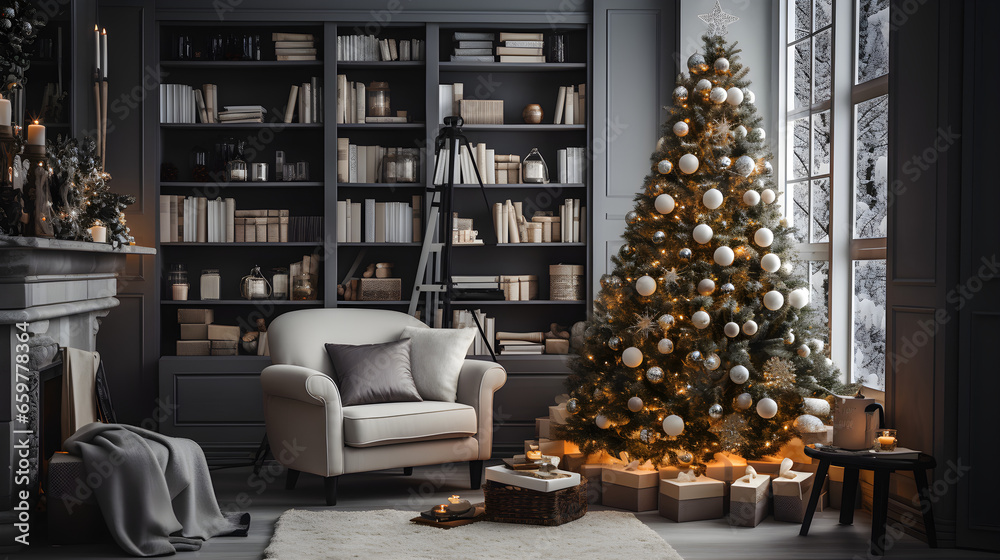Christmas tree in living room with gifts and decorations. Colorful decoration. Cozy and warm feeling. Winter. Generative AI