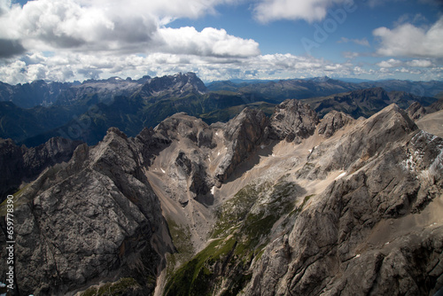 Panoramic view from the top of the Marmolada Glacier, Dolomites, South Tyrol, Italy.