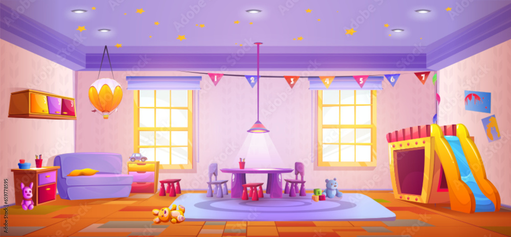 Kindergarten classroom interior with table and chairs, children slide and toys. Cartoon vector illustration of preschool education and play room with windows and furniture. Preschool montessori study.