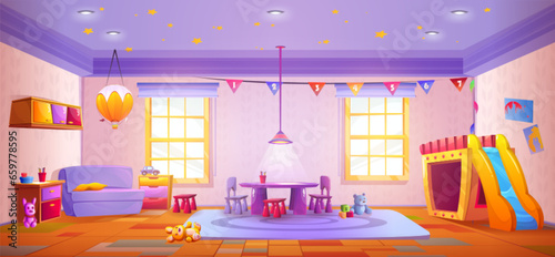 Kindergarten classroom interior with table and chairs, children slide and toys. Cartoon vector illustration of preschool education and play room with windows and furniture. Preschool montessori study.