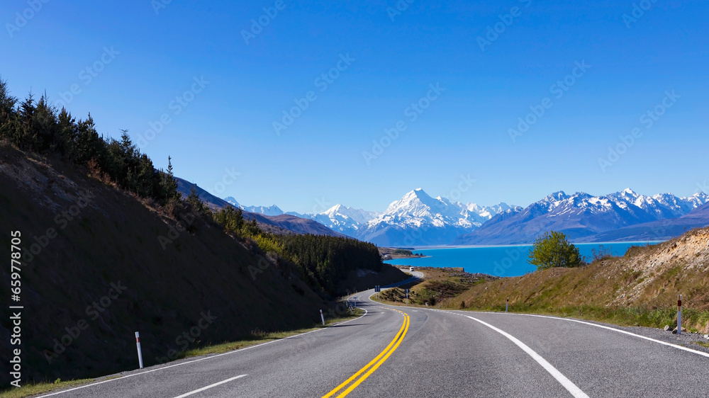 The mountain landscape view of blue sky background over Aoraki mount cook national park,New zealand