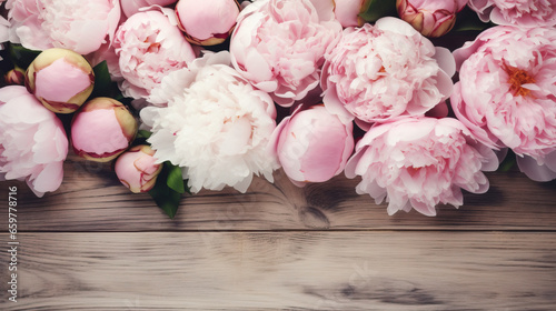 Decorative floral backgro, banner made of pink and white peonies flowers. Old grey wooden table background. Empty copy space. Flat lay, top view. Picture for blog. Summer wedding or birthday concept  © Pixel Town