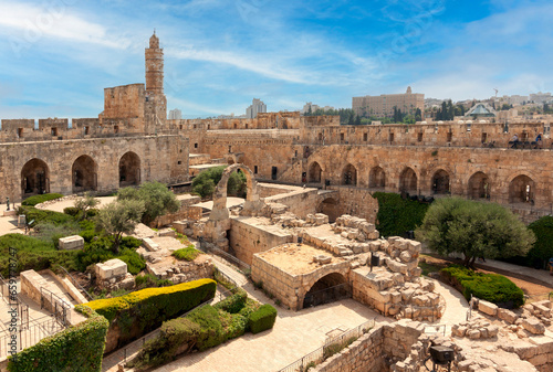 View of the archaeological finds in the courtyard and the Ottoman minaret in the Tower of David in the Old City of Jerusalem photo