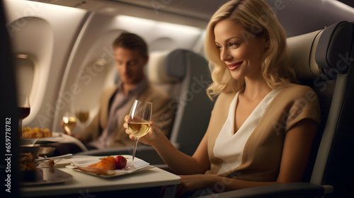 Beautiful woman in the cabin of a business class airplane having her meal photo