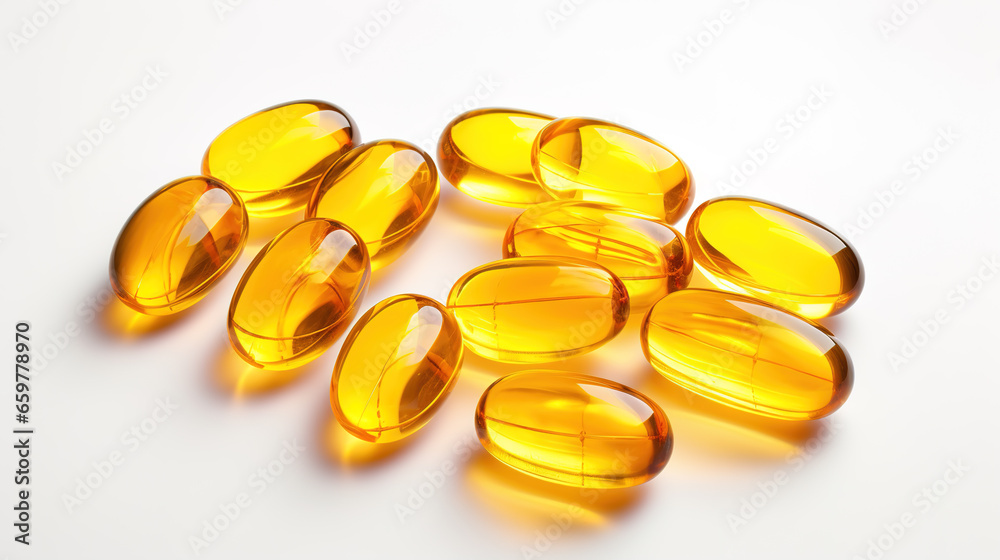 Transparent yellow vitamins on a light background. Vitamin D, omega 3, omega 6, Food supplement oil filled fish oil, vitamin A, vitamin E, flaxseed oil. Transparent yellow vitamins on a light background. Vitamin D, omega 3, omega 6, Food supplement oil filled fish oil, vitamin A, vitamin E, flaxseed oil.