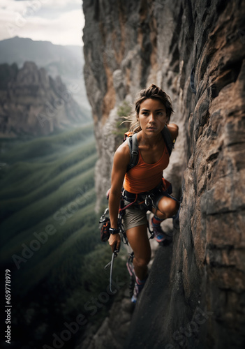 Female sport climber rock climbing 