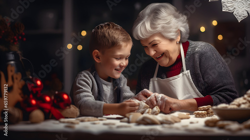 grandmother and grandson baking cookies at Christmas together. Holidays and celebration concept. Generative AI