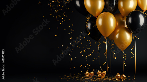 Black Friday, sale, Gold balloons, Confetti and ribbons on black background, christmas, party