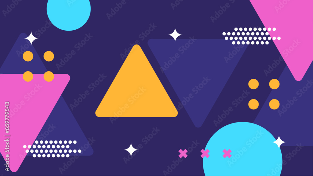 Colorful colourful modern abstract flat memphis geometric background with with simple shapes circle, line, triangle, dot, use for template poster event, social media banner and digital poster