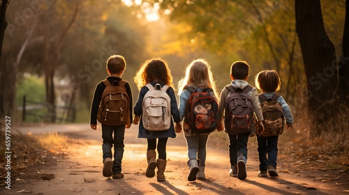 Group of young children walking together in friendship, embodying the back-to-school concept on their first day of school. Generative AI