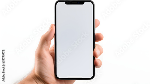 Hand holding a smartphone. Transparent mobile screen mockup. No background. Generative AI