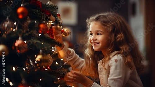 Happy parent helping their daughter decorate the house christmas tree , smiling young girl enjoying festive activities concept. Generative AI © PSCL RDL