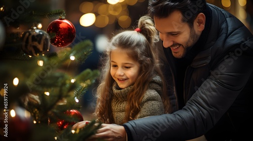 Happy parent helping their daughter decorate the house christmas tree , smiling young girl enjoying festive activities concept. Generative AI © PSCL RDL