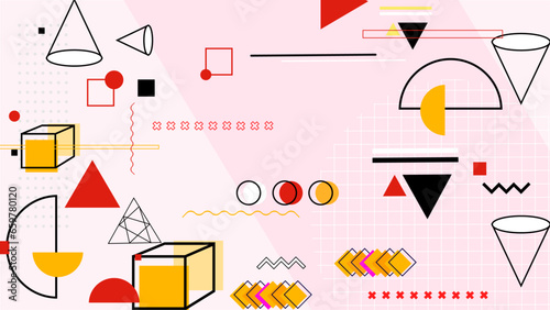 Red yellow and white vector abstract illustration background with flat geometric shapes inspired by memphis style