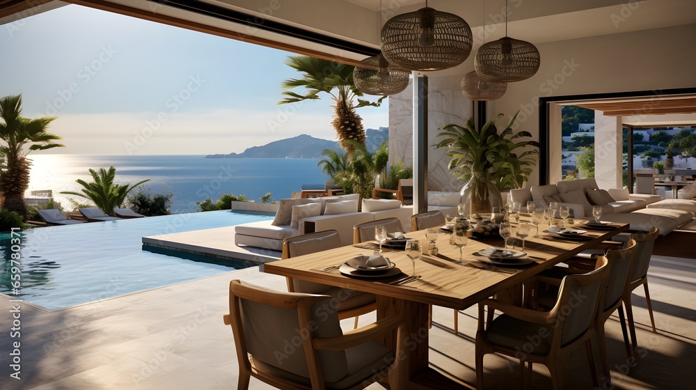 Mediterranean interior design of modern dining room in seaside villa with stunning sea view. Generative AI