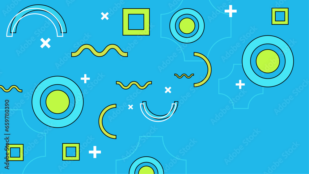Blue and green vector abstract illustration background with flat geometric shapes inspired by memphis style