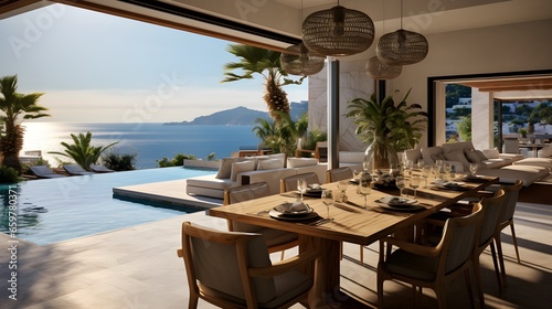 Mediterranean interior design of modern dining room in seaside villa with stunning sea view. Generative AI © PSCL RDL