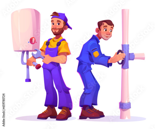 Professional plumbers in uniform install boiler. Male worker with wrench adjusts water heater, and second technician turns crane on pipe. Cartoon vector illustration of maintenance and repair services