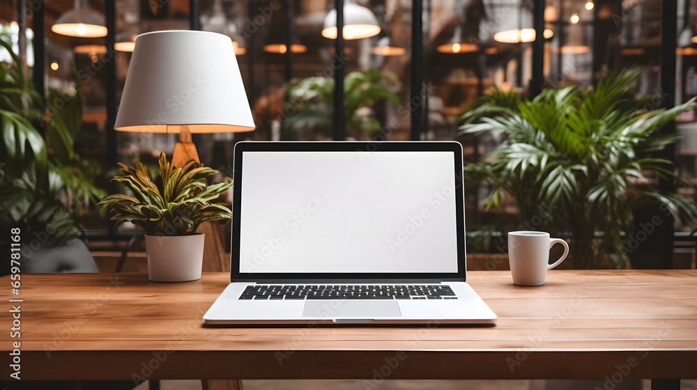 mockup laptop with wihte screen on wooden table in modern office. Generative AI mockup laptop with wihte screen on wooden table in modern office. Generative AI