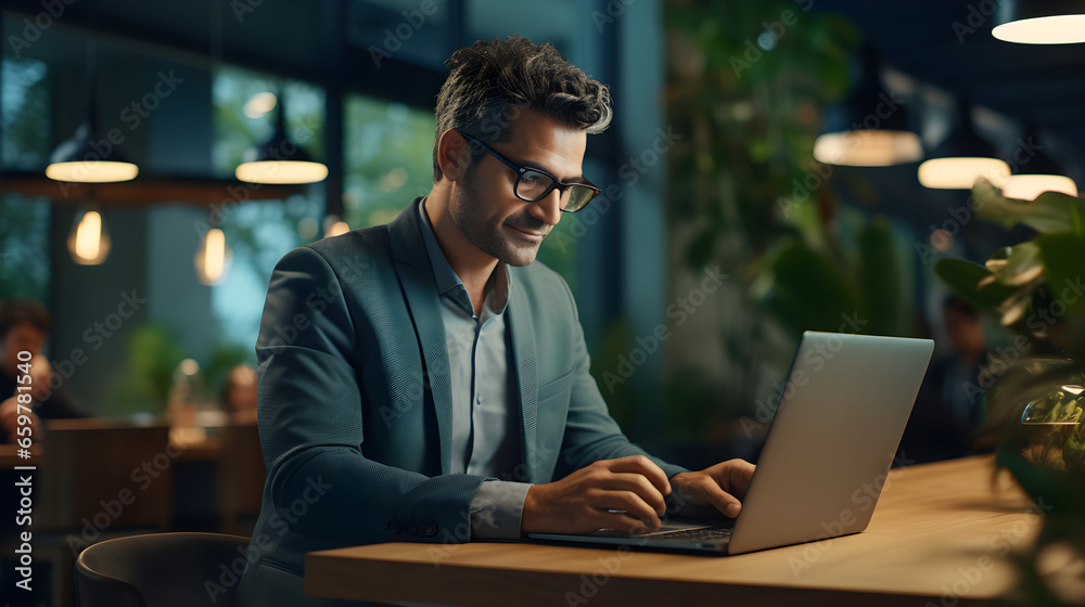 Portrait of mature Indian or Latin business man ceo trader using laptop computer, typing, working in modern office. Middle-age Hispanic smiling handsome businessman entrepreneur. Generative AI Portrait of mature Indian or Latin business man ceo trader using laptop computer, typing, working in modern office. Middle-age Hispanic smiling handsome businessman entrepreneur. Generative AI