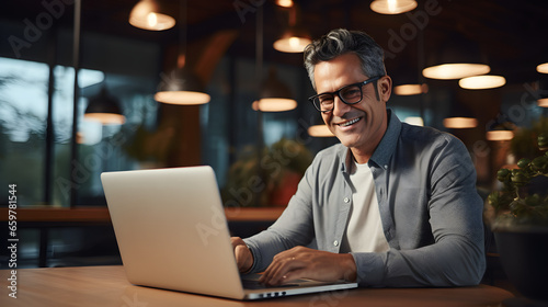 Portrait of mature Indian or Latin business man ceo trader using laptop computer, typing, working in modern office. Middle-age Hispanic smiling handsome businessman entrepreneur. Generative AI