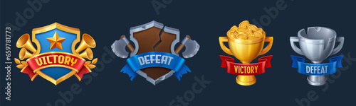 Victory and defeat game badges set isolated on background. Vector cartoon illustration of golden and cracked shields with ribbon, winner cup full of money, loser goblet with cracks, gui elements