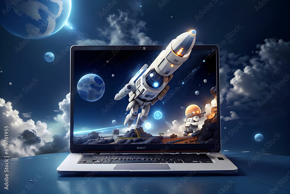 Close up of rocket flying out from a laptop screen with milky way background at night time - obrazy, fototapety, plakaty 