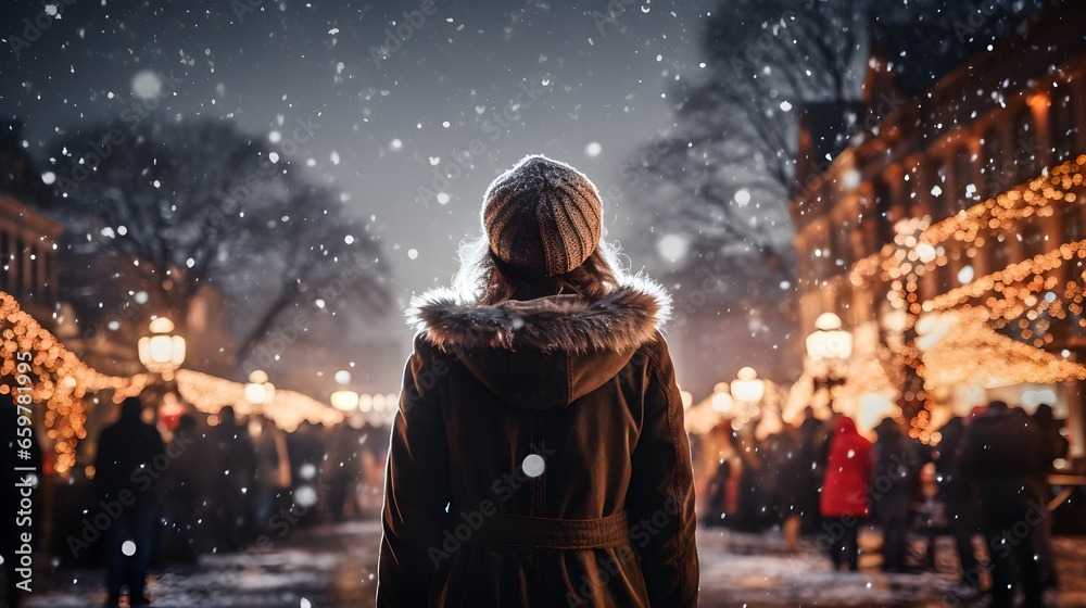 woman enjoying the view of the christmas fair at night in the city at xmas eve. Colorful and bright bokeh lights. snow falling down in winter. Generative AI - obrazy, fototapety, plakaty 