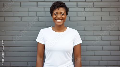 Attractive african american mid age female with curly hair, wearing white t shirt, stands against urban background, has calm face expression, tender smile. © PaulShlykov
