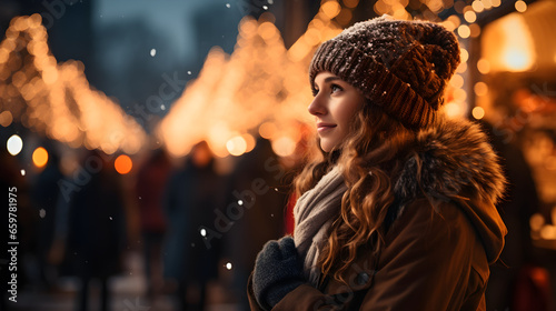 woman enjoying the view of the christmas fair at night in the city at xmas eve. Colorful and bright bokeh lights. snow falling down in winter. Generative AI photo