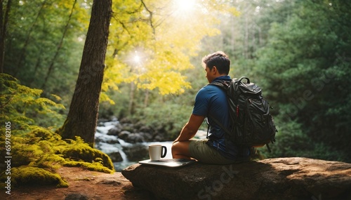 Freelancer concept, man with laptop and cup of coffee working in nature, hiker adventurer background, template 
