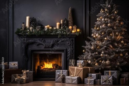 Background for New Year's greetings or Christmas. Fireplace and tree decorated with gifts, present boxes, candles.