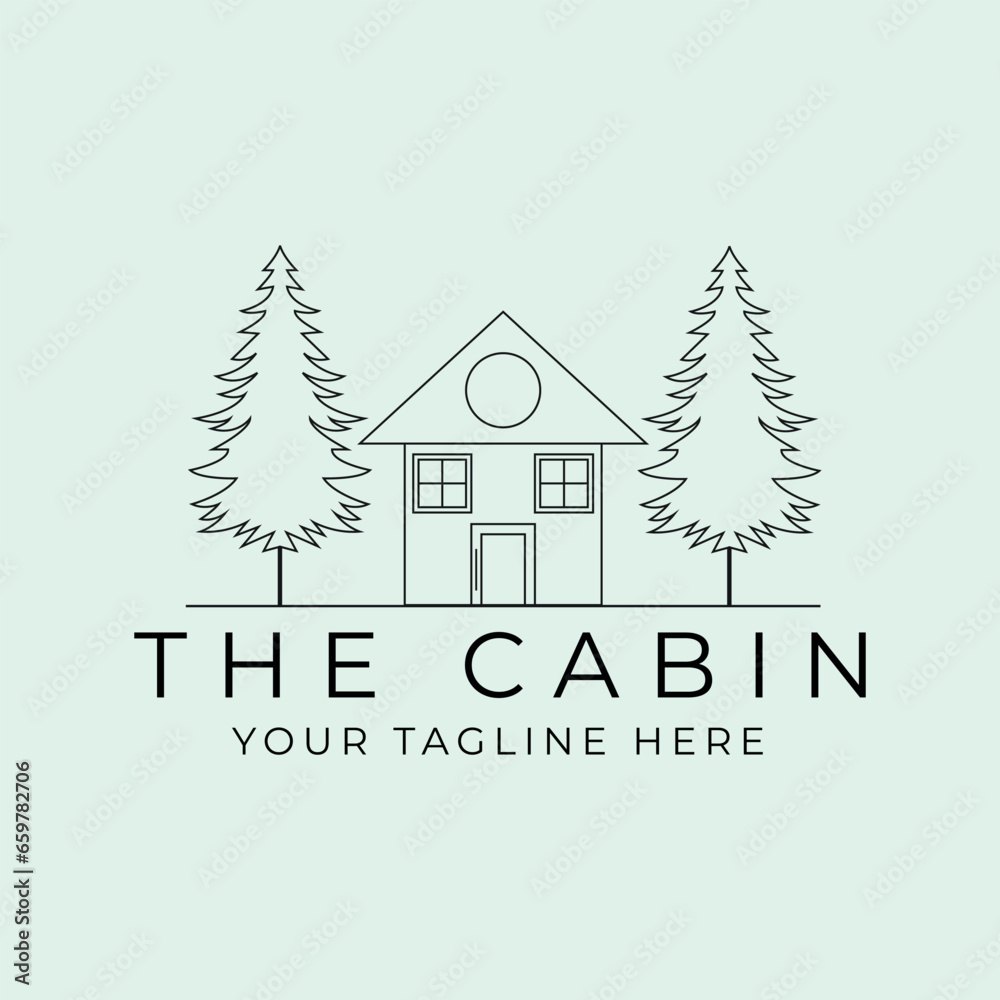 cabin line art logo vector minimalist illustration design, cabin with spruce landscape logo design