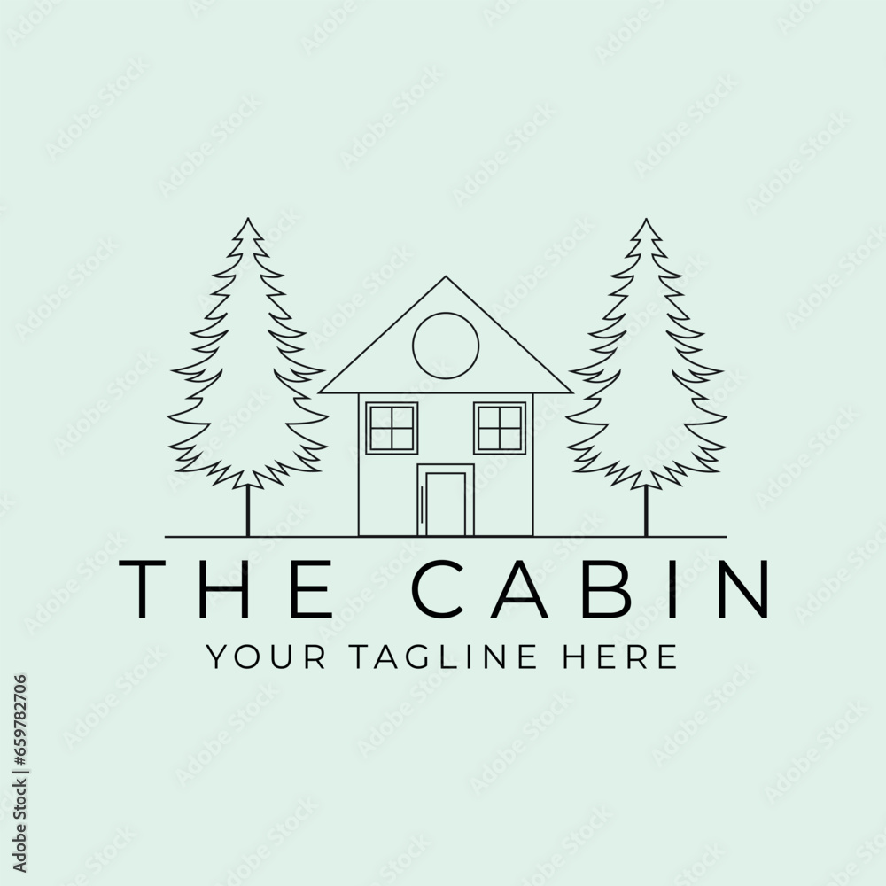 Fototapeta premium cabin line art logo vector minimalist illustration design, cabin with spruce landscape logo design