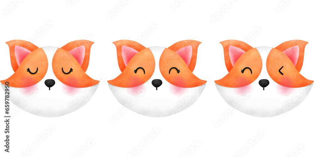 Set of cheerful watercolor happy corgi illustration.Animal heads clipart collection.