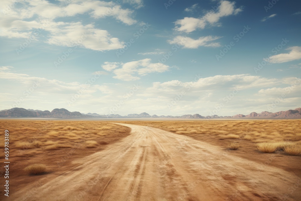 A picture of a dirt road stretching through the vast desert landscape. Perfect for illustrating the isolation and ruggedness of desert environments. - obrazy, fototapety, plakaty 